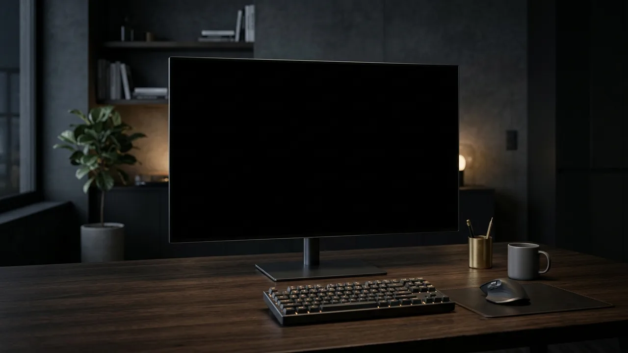 Moniteur OLED sans bord qui affiche un noir profond dans un bureau peu éclairé