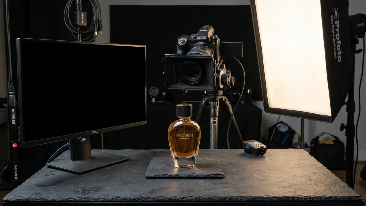 Studio photo où un écran éteint visuellement sert de drapeau noir près d'un flacon