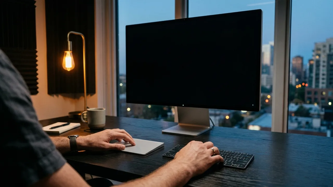 Mains d'un créateur devant un écran noir réglé pour couper les reflets en fin de journée