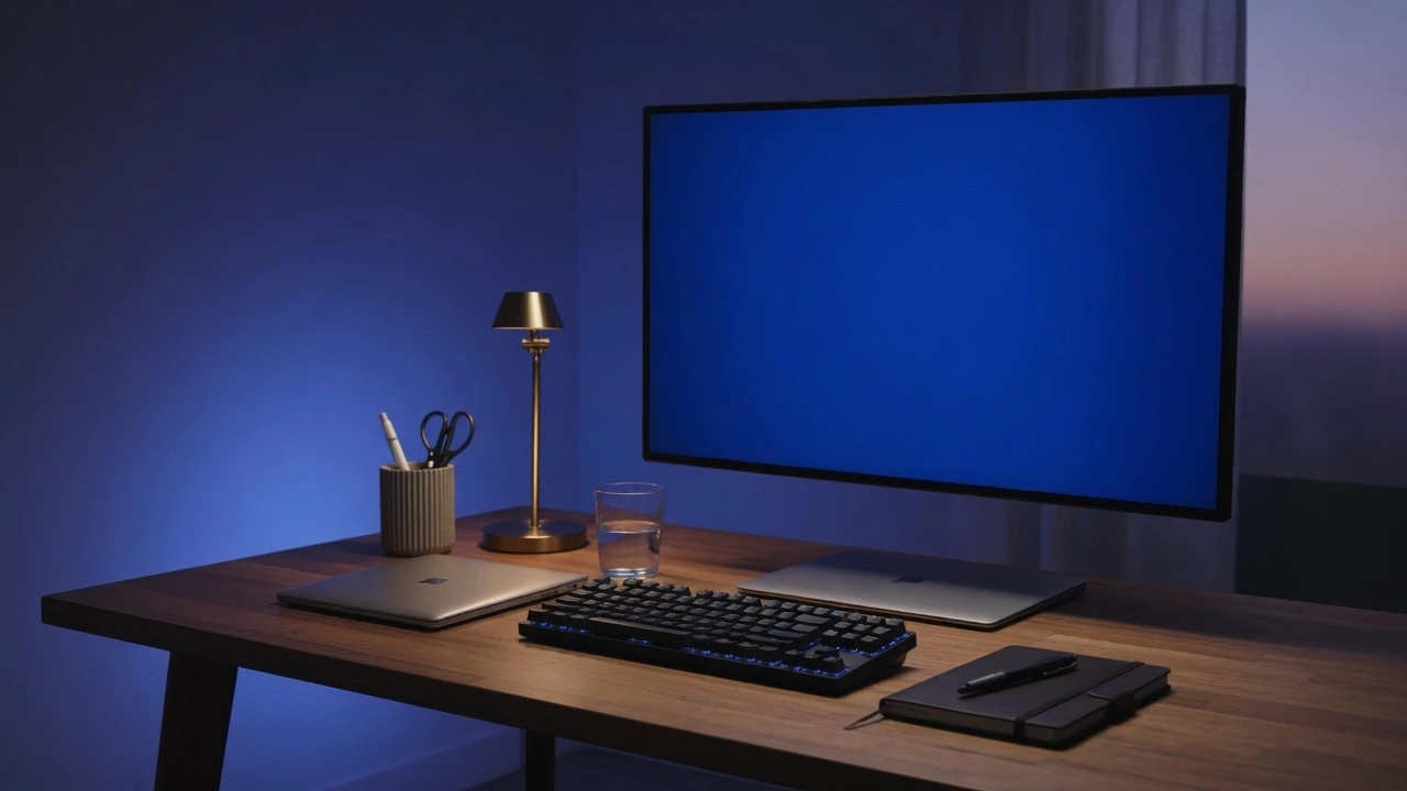 Commercial photography of a modern minimalist workstation illuminated by a deep pure 460nm blue screen monitor glow