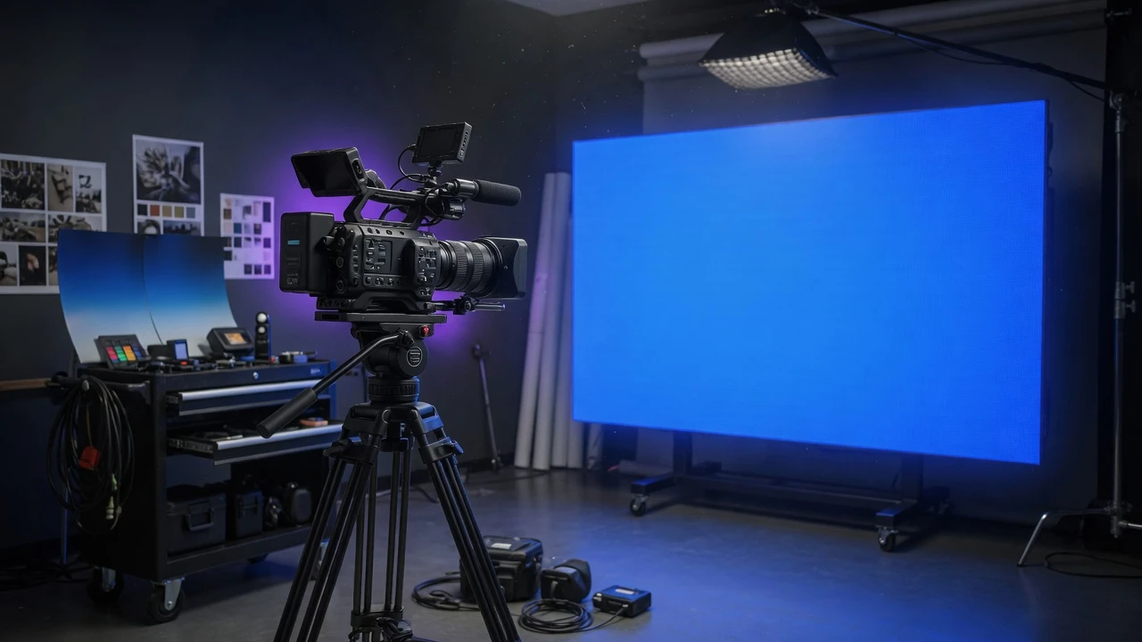 Studio composite filming setup with high-end camera tripod and blue screen monitor lighting background for fine hair matting