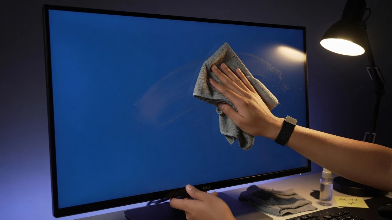 Hands-on photography of a display specialist inspecting blue subpixel grid with a microfiber cloth on a solid blue screen