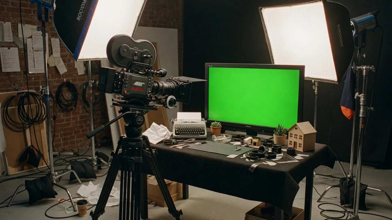 Professional film commercial studio with a cinema camera filming table props against an illuminated green screen monitor