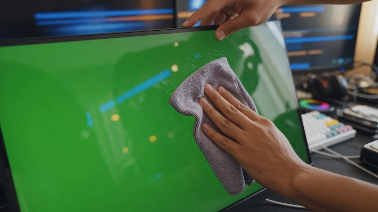 Close-up photography of a technician cleaning a bright green monitor panel with a microfiber cloth for video production