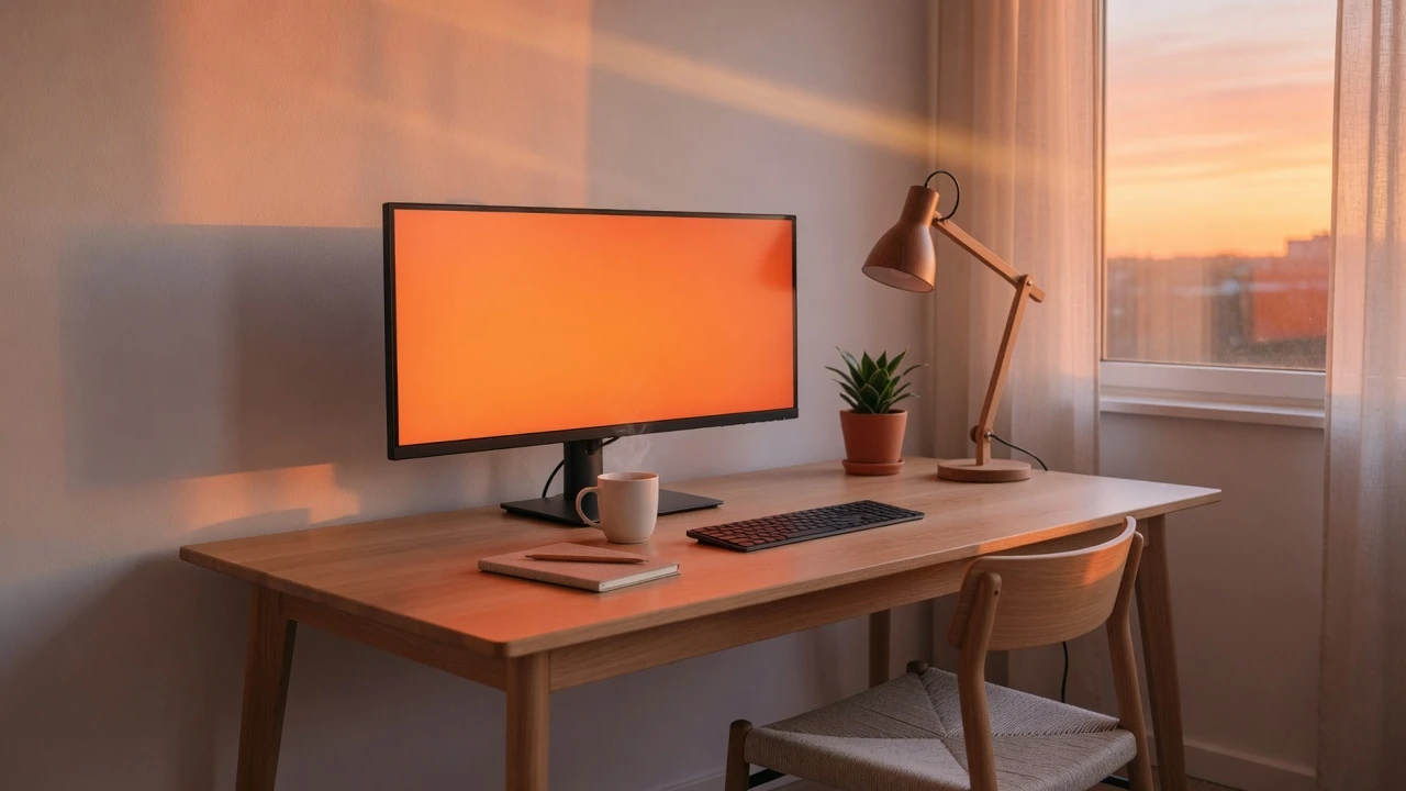 Commercial photography of a contemporary office desk bathed in a rich golden hour orange monitor screen ambient reflection
