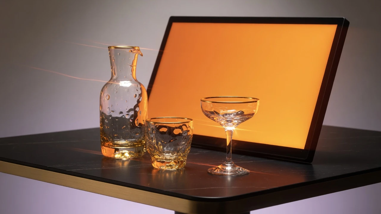 Editorial studio photography setup using an orange monitor display as a warm rim light kicker on artisanal tabletop products
