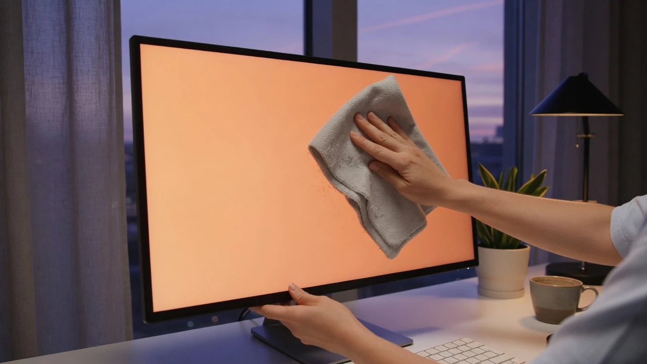 Close-up photography of a display calibrator wiping an illuminated orange screen panel with a soft microfiber cloth