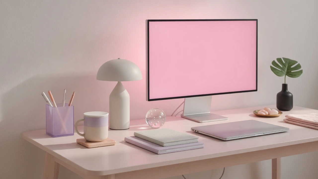 Aesthetic modern workspace photography featuring a borderless display glowing with soothing soft pastel pink screen light