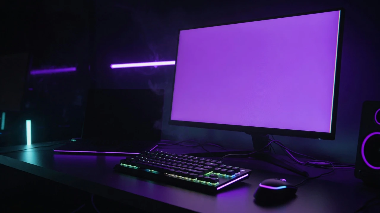 Cyberpunk inspired gaming desk photography illuminated by an intense vivid purple screen monitor in a moody dark room