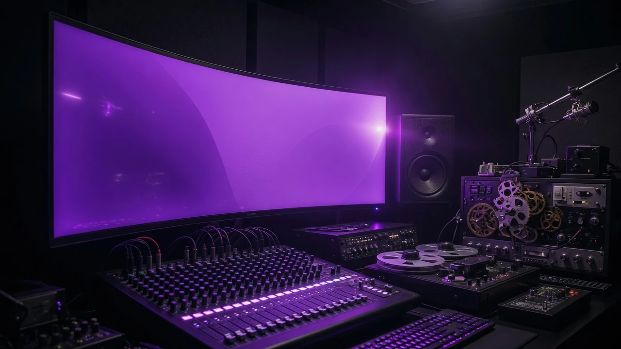 High-tech studio photography of a neon gaming workstation with a purple screen monitor creating dramatic ambient edge light