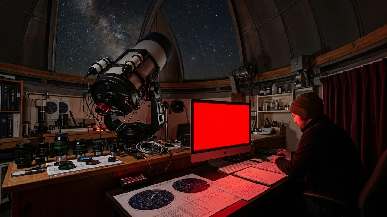 Cinematic astronomical observatory photography with a red screen display illuminating charts beneath starry night sky