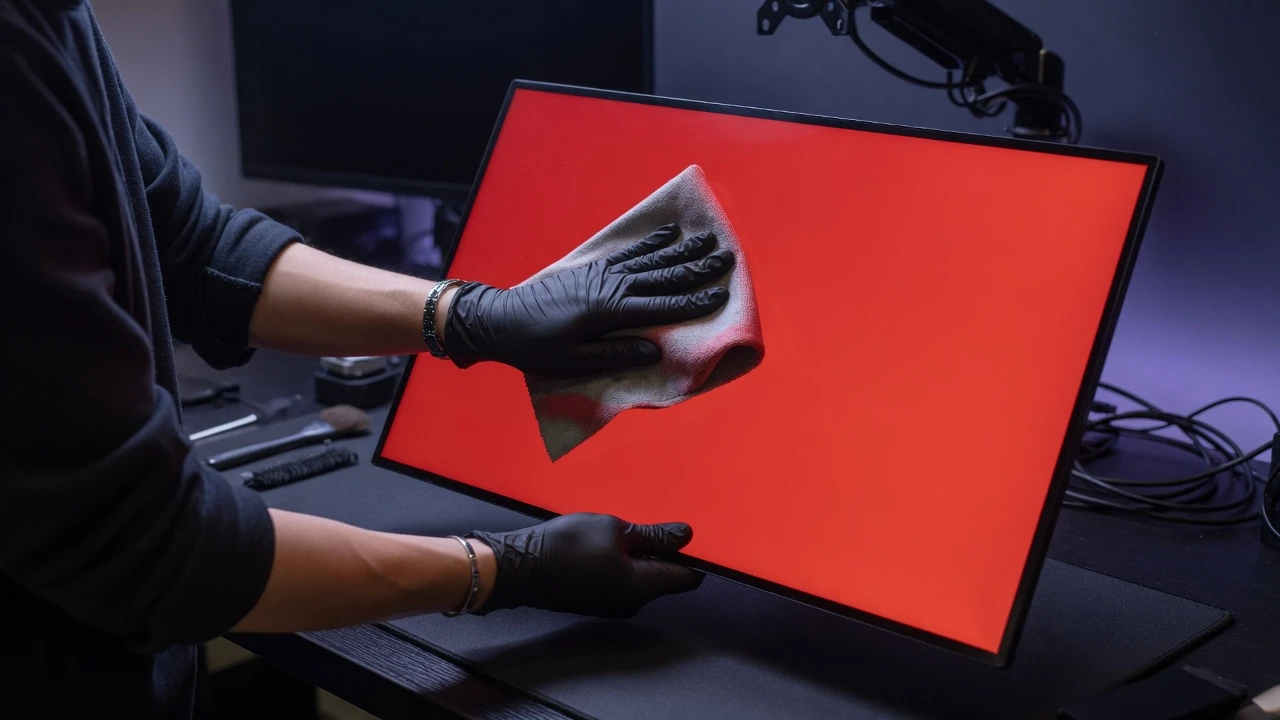 Macro photography of hands using a microfiber cloth to inspect stuck subpixels on a pure red diagnostic display screen