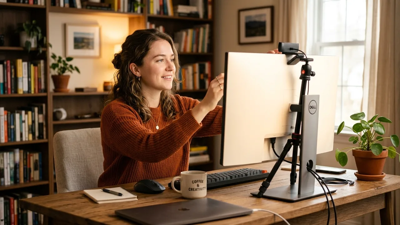 Warm home office video conference desk setup utilizing full white monitor screen as a broad flattering softbox key light