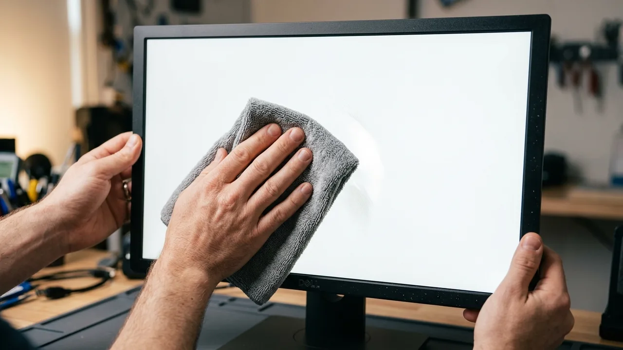 Detailed close-up photography of hands using a soft microfiber cloth to clean a pure white display for dead pixel check