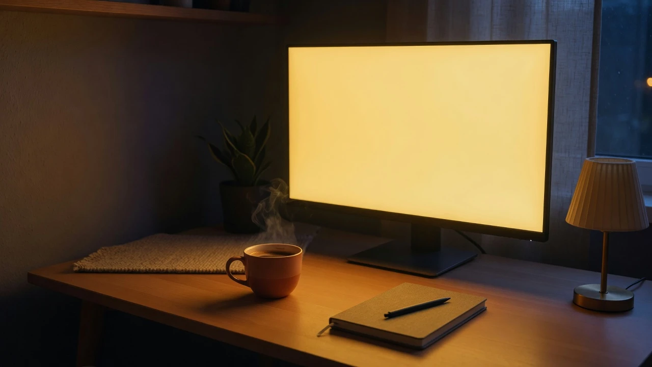 Warm interior photography of a minimalist home desk illuminated by a gentle 580nm yellow screen monitor with zero blue light