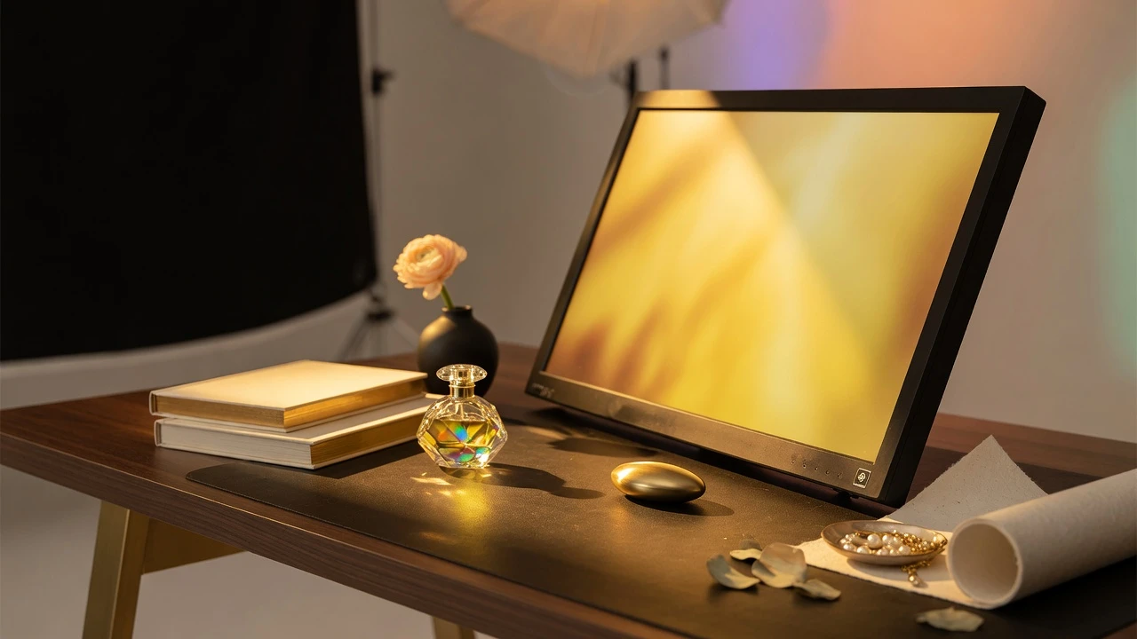 Product commercial photography studio using an illuminated warm yellow monitor as an ambient reflector for food styling