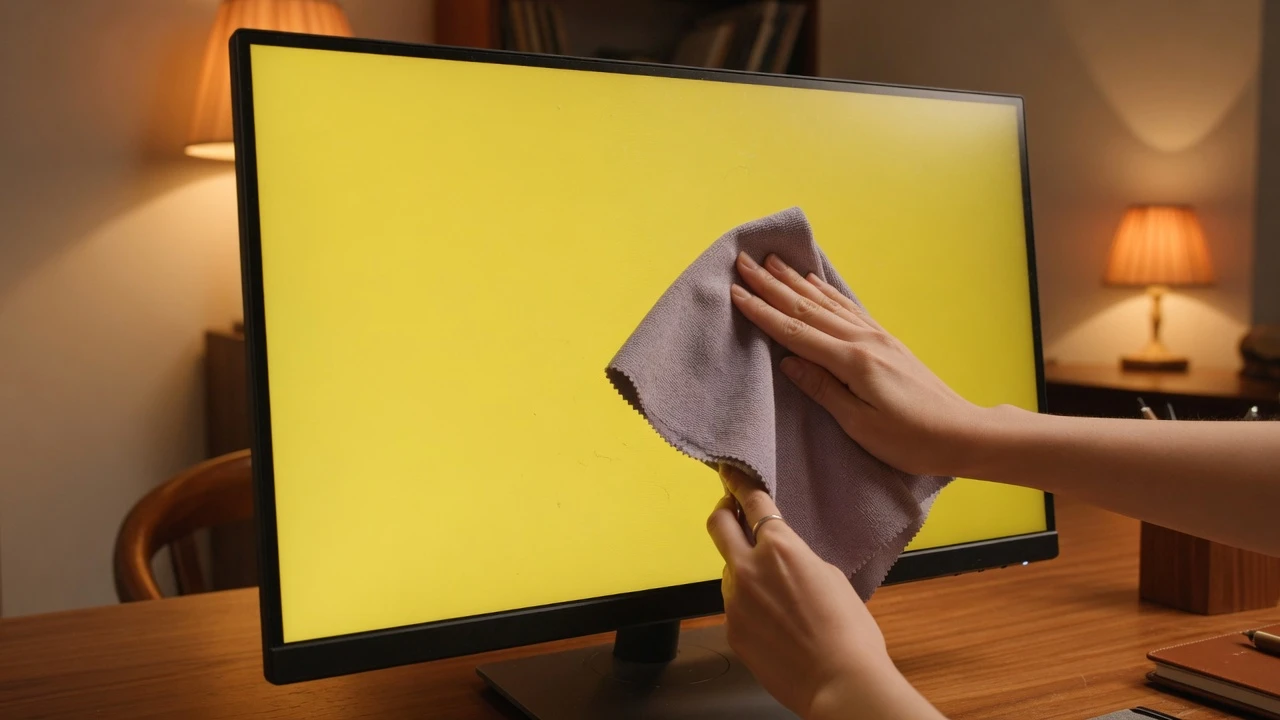 Detailed photography of hands cleaning a soothing yellow monitor screen with a microfiber cloth in an evening home office