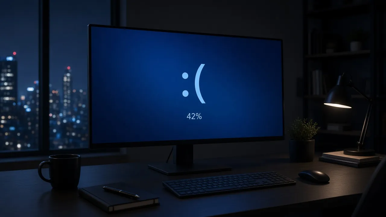 Modern dark-office photograph of an ultrawide monitor showing a deep blue crash screen with a large sad-face emoticon