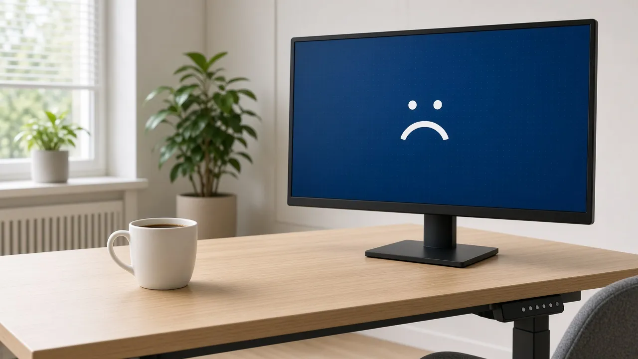 Standing-desk photograph, coffee cup beside a monitor locked on a clean blue crash screen