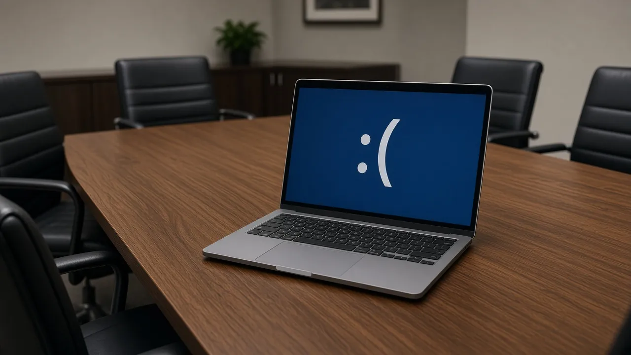Conference-table photograph of an open laptop showing a Windows-style blue sad-face crash screen