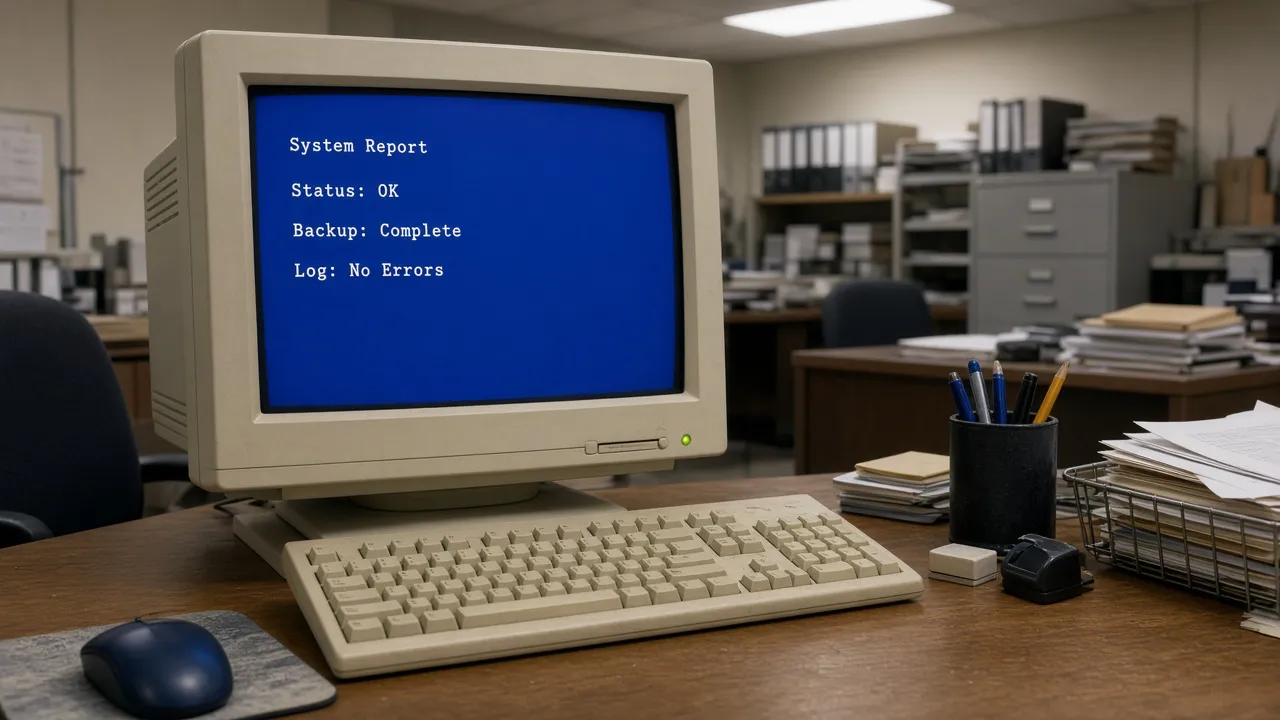 Nostalgic office photograph of a beige CRT monitor glowing solid cobalt blue with sparse white monospace blocks