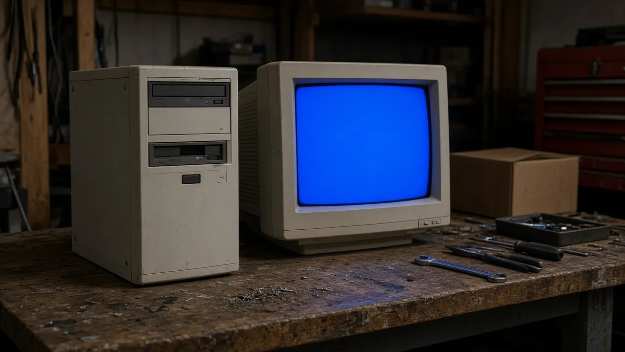 Garage desk photograph of a retro tower and CRT, the blue crash screen lighting the bench