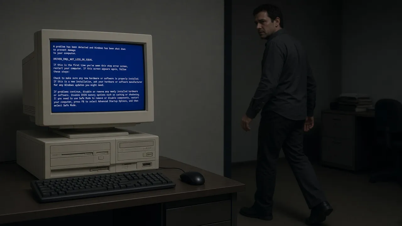 Photograph of someone stepping back from an early-2000s PC whose CRT has switched to a full blue crash screen