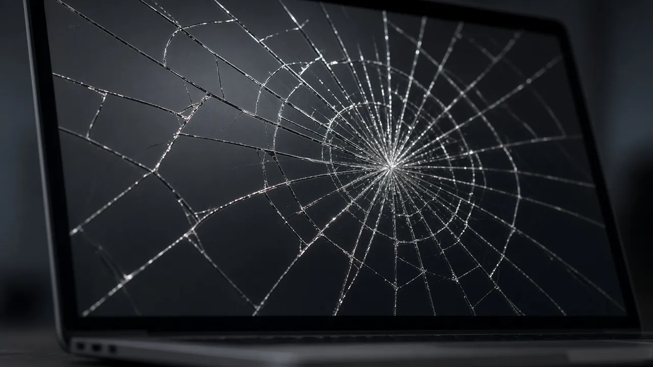 Macro product photograph of a laptop display covered in realistic spiderweb glass cracks, light glinting along the fracture edges