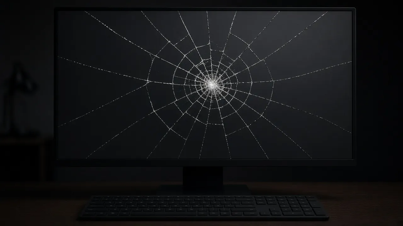 Dim desk photograph of an external monitor filled edge to edge with a cracked-glass overlay, keyboard waiting in front