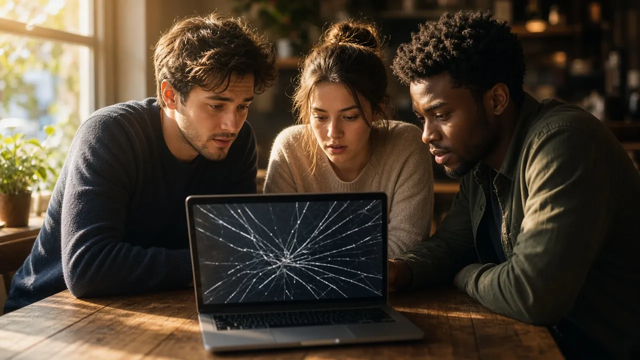 Cafe photograph of friends leaning in as a laptop on the table appears suddenly shattered, warm afternoon light