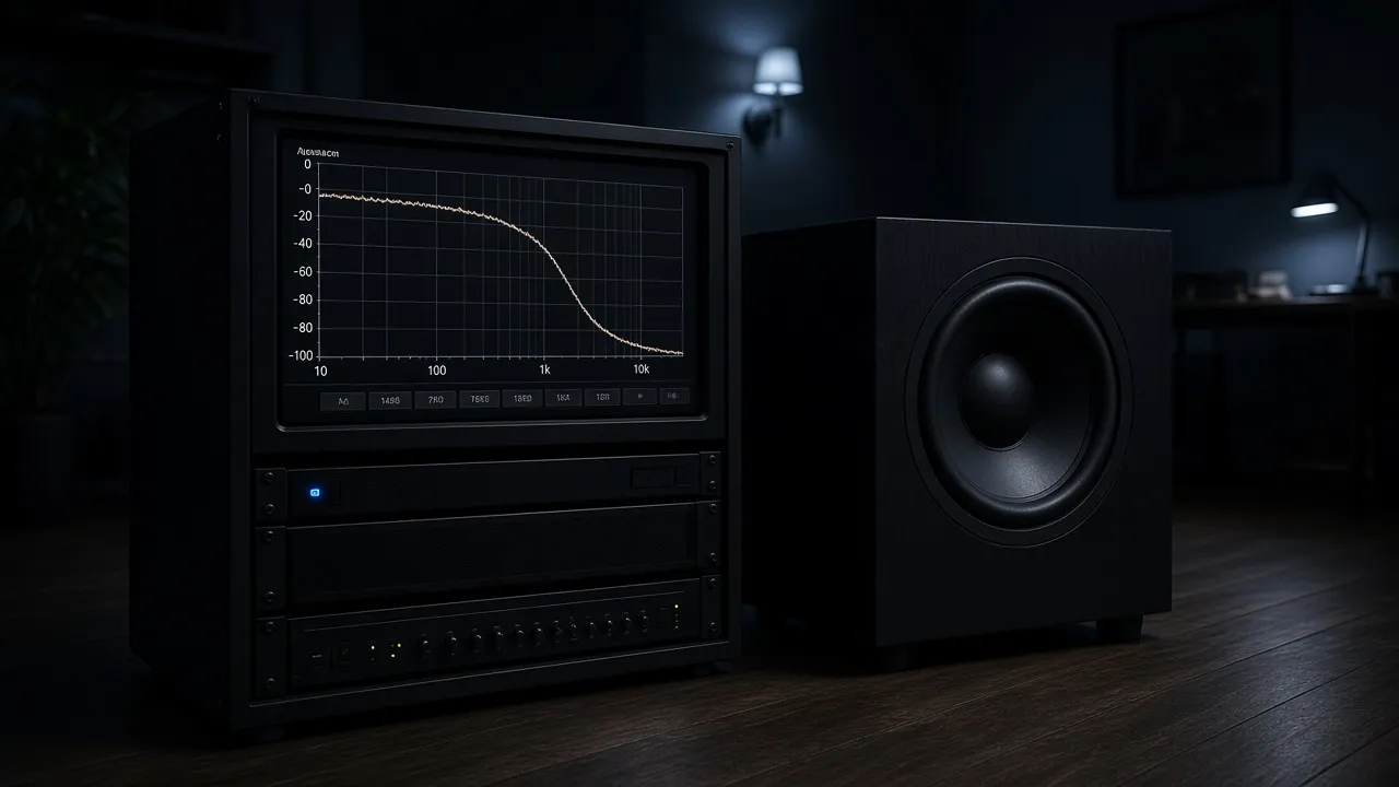 Dim studio photograph of an audio analyzer whose screen is dominated by a heavy low-frequency brown-noise curve, subwoofer beside the rack