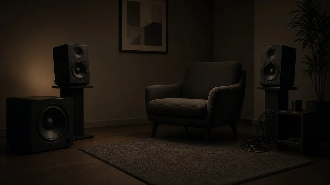 Home studio photograph of a subwoofer and two monitors angled toward a chair for deep brown-noise listening