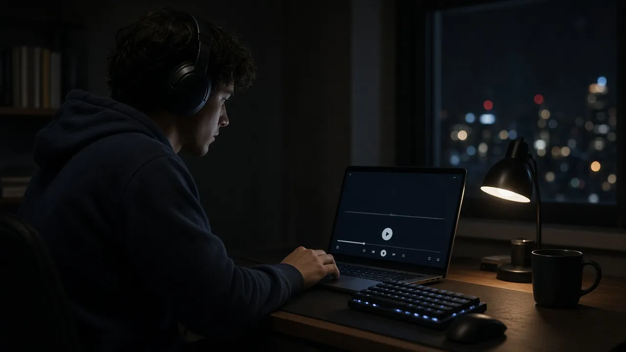 Late-night coding desk photograph of a developer in studio headphones, laptop dark except for a brown-noise player