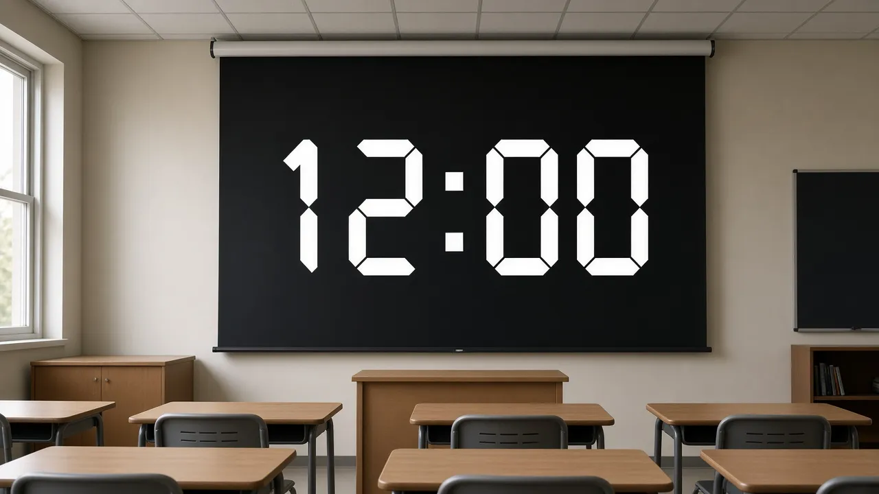 Classroom photograph of a projector screen filled with huge high-contrast monospace digits reading 12:00 on pure black