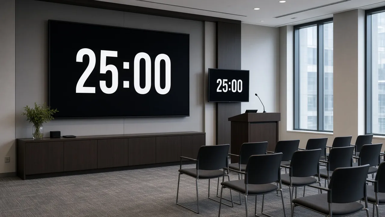 Conference-room photograph with a large wall display showing a countdown and a small confidence monitor on the lectern
