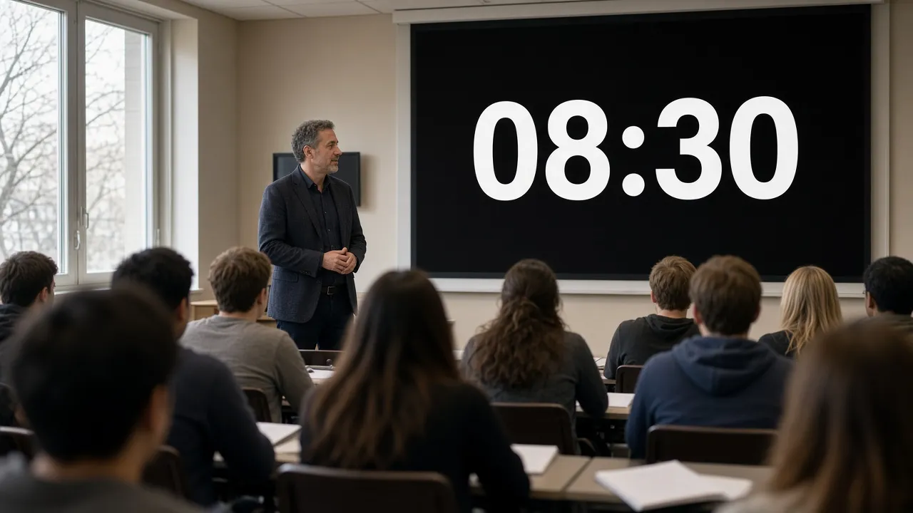 Lecture-hall photograph of a teacher beside a projected fullscreen countdown, students seated in soft focus