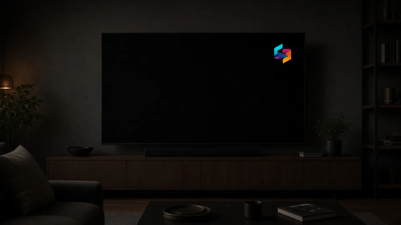 Dark living-room photograph of an OLED television with a small colorful bouncing logo frozen near the corner of a black screen