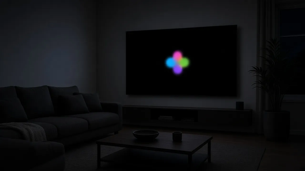 Wide photograph of a modern living room at night, large OLED TV as the only light, screensaver logo drifting on pure black