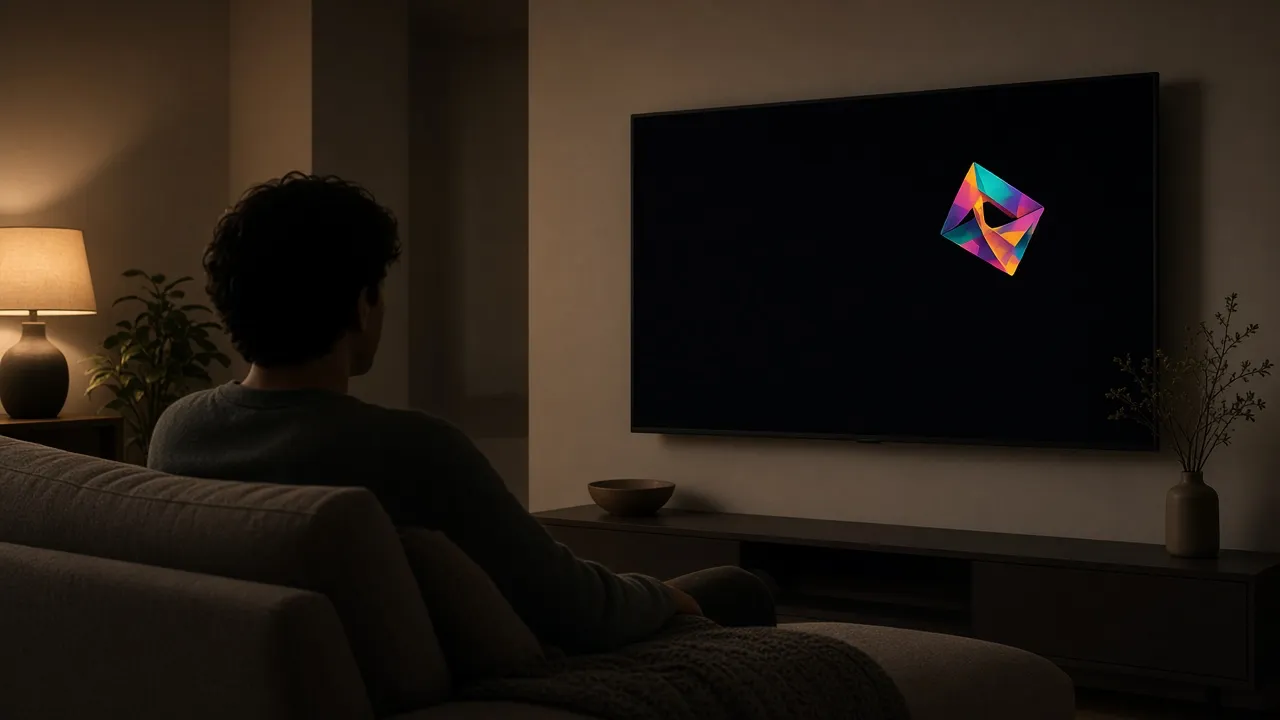 Evening lounge photograph of a person on a sofa watching a television screensaver with a bright bouncing mark on black