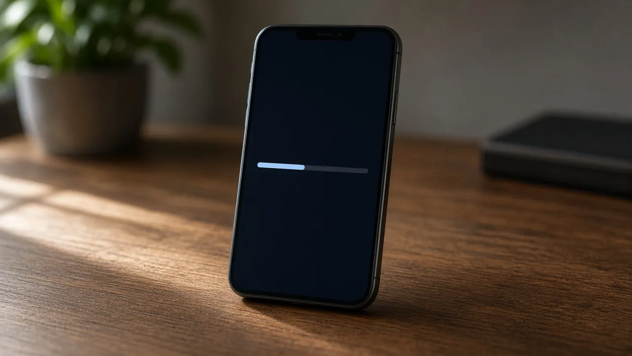 Photograph of a smartphone standing on a desk showing a dark system update screen with a horizontal progress bar