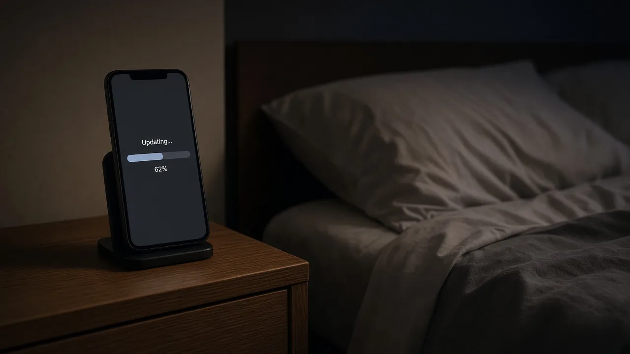 Nightstand photograph of a phone on a stand, screen glowing with an update progress bar in a dark bedroom