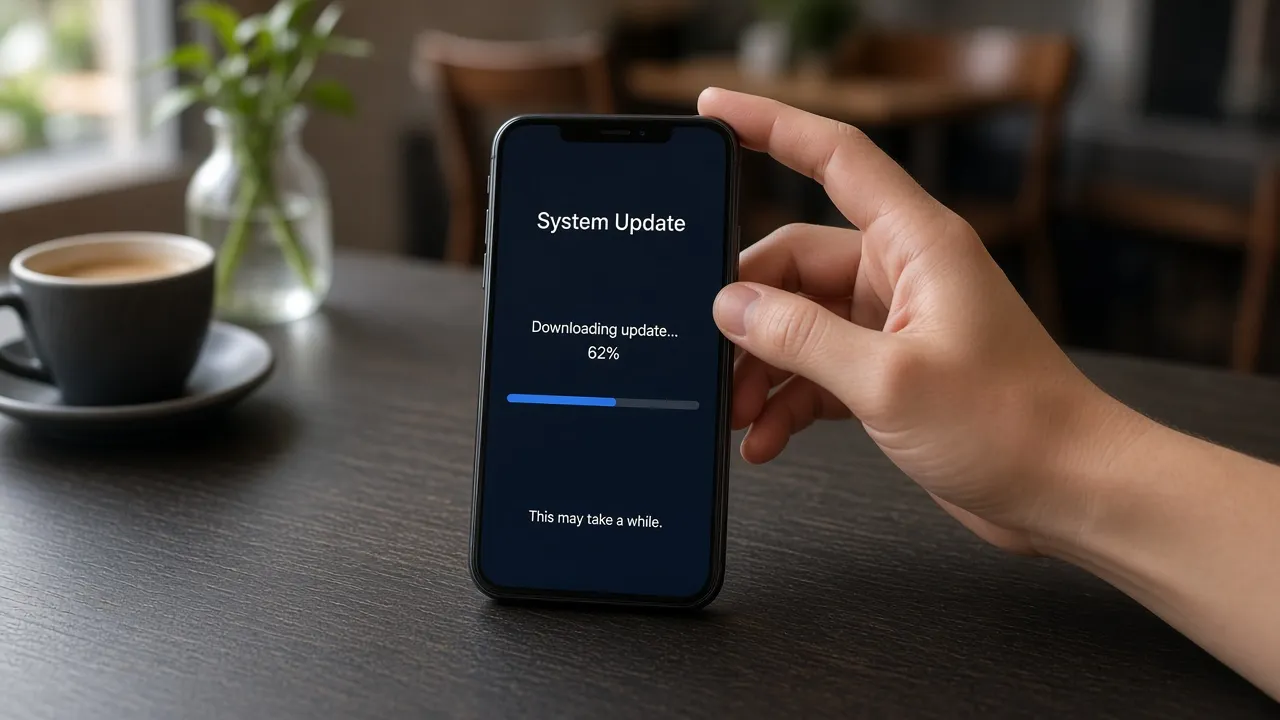 Photograph of a hand setting a phone upright on a table, screen already on a system update