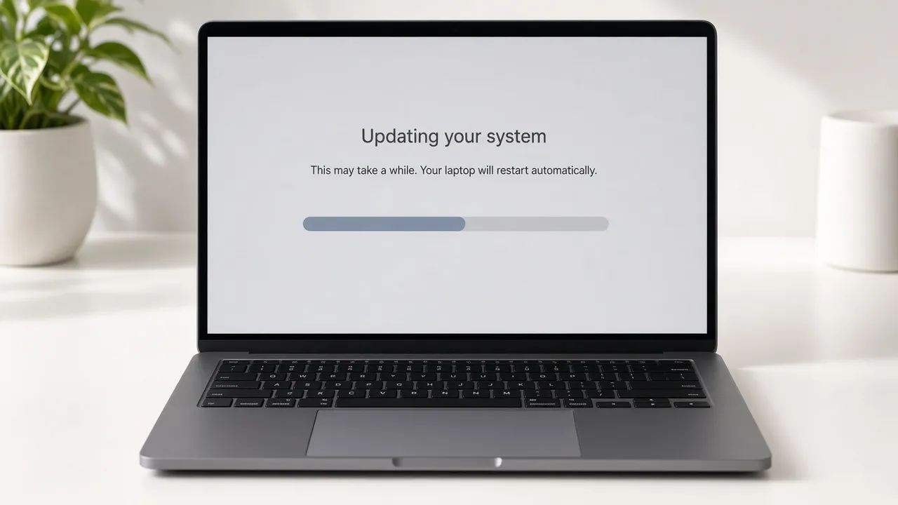 Photograph of a simple clamshell laptop showing a light gray system update screen with a centered progress bar