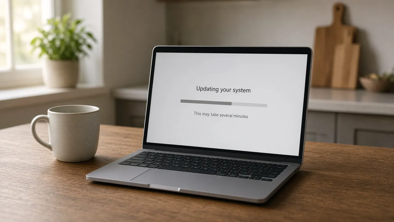 Kitchen-table photograph of a compact laptop showing only a pale update screen