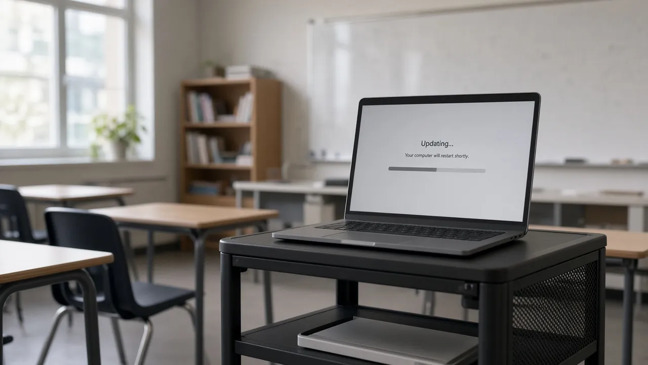 Classroom cart photograph of a student laptop open on a light gray updating screen