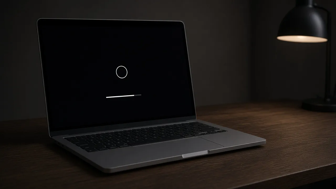 Photograph of an aluminum laptop showing a pitch-black screen with a small centered light mark and a thin white progress bar