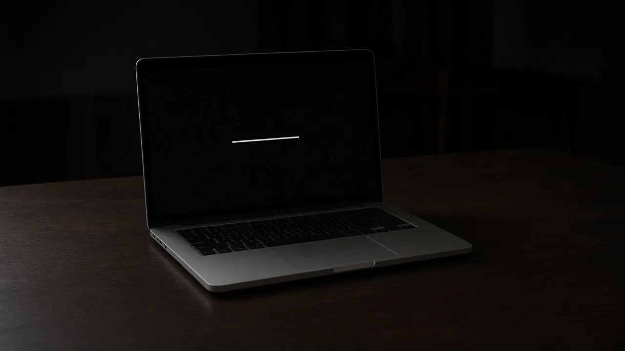 Dark wood desk photograph, aluminum laptop as the only object, black screen with a thin progress line