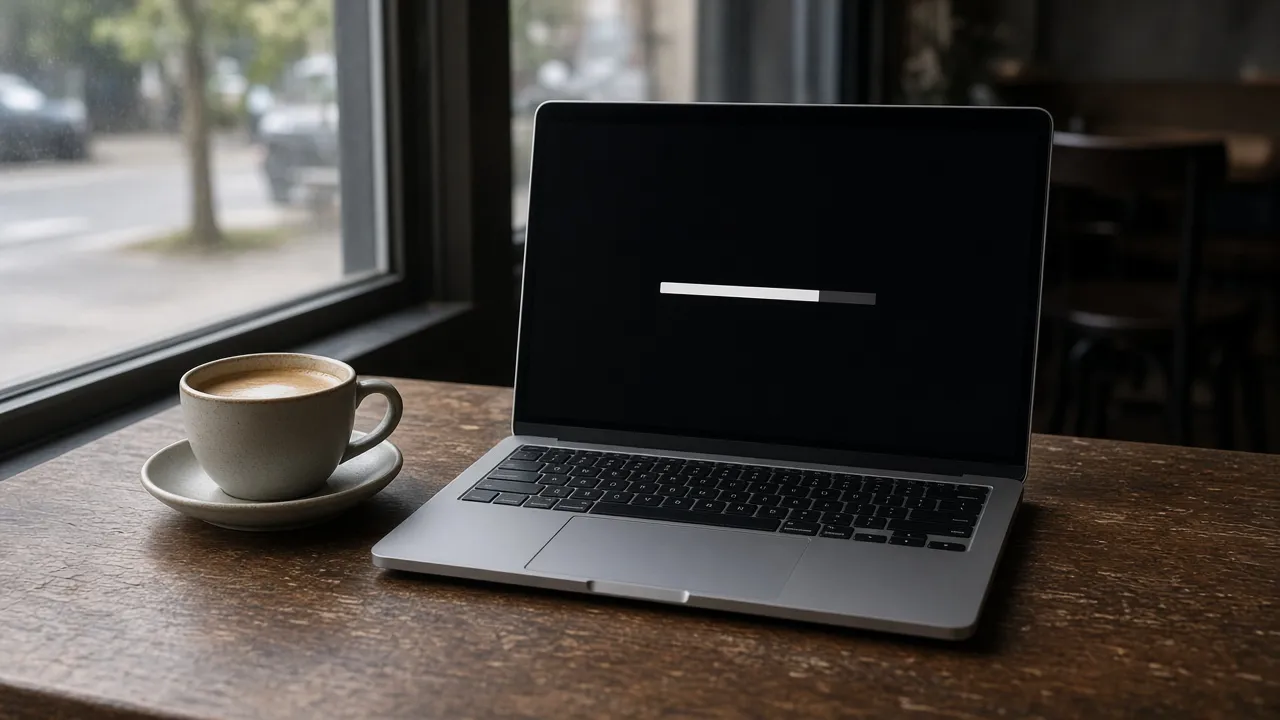 Cafe photograph of a closed-lid-angle aluminum laptop left open on a black startup screen