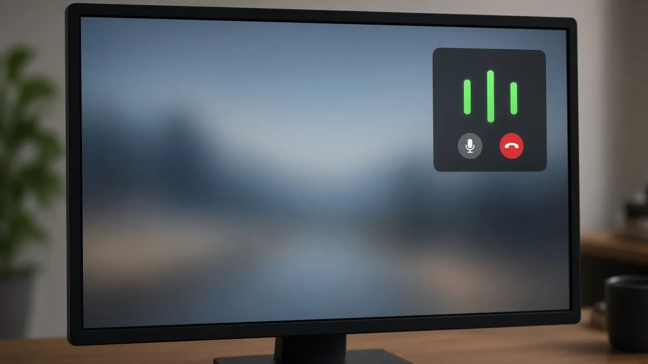 Close photograph of a desktop monitor with a small floating call window and pulsing green audio bars