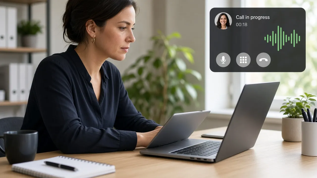 Photograph of someone at a laptop, a small huddle window visible in the corner of the screen